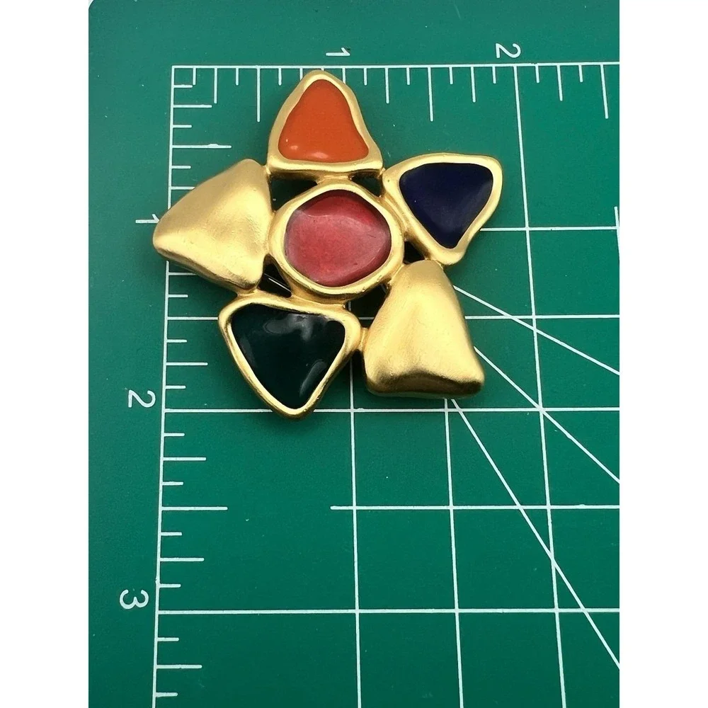 Anne Klein Vintage Enamel Star‎ Brooch Gold Tone Multi Color 2in Retro 90s